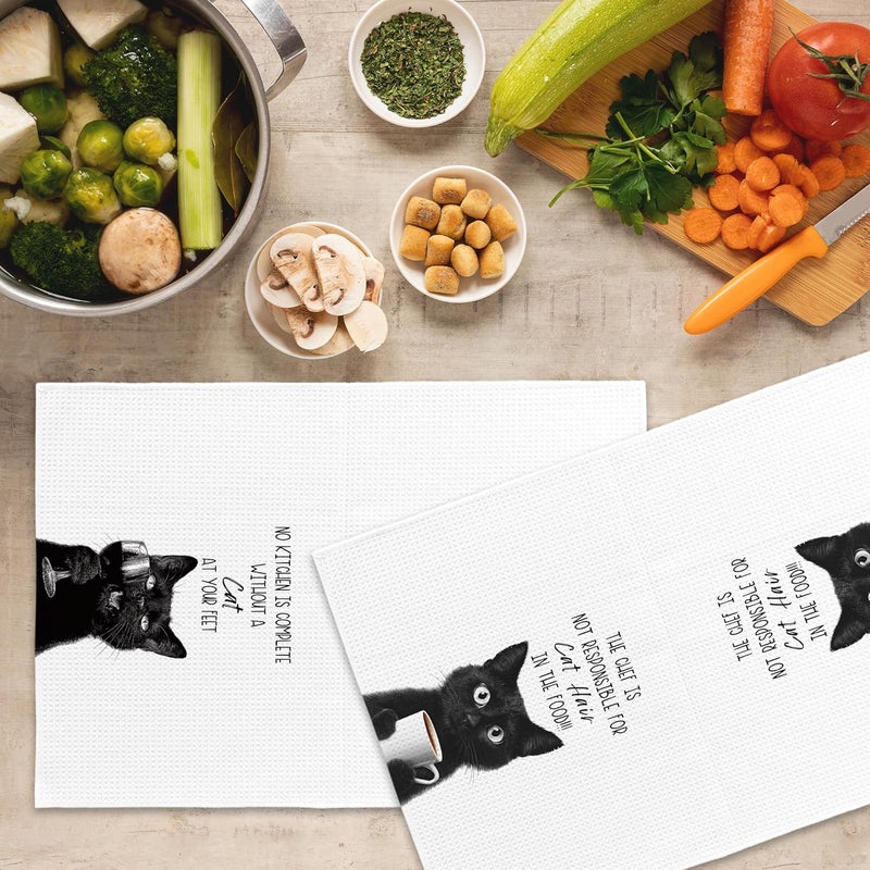 Mcehtle Funny Cat Kitchen Towels Set of 2, Cats Kitchen Accessories, Coffee Wine Station Decor, Chef Gift Hand Towel, No Kitchen is Complete Without a Cat at Your Feet Tea Towel 16x24 Inch - Image 5